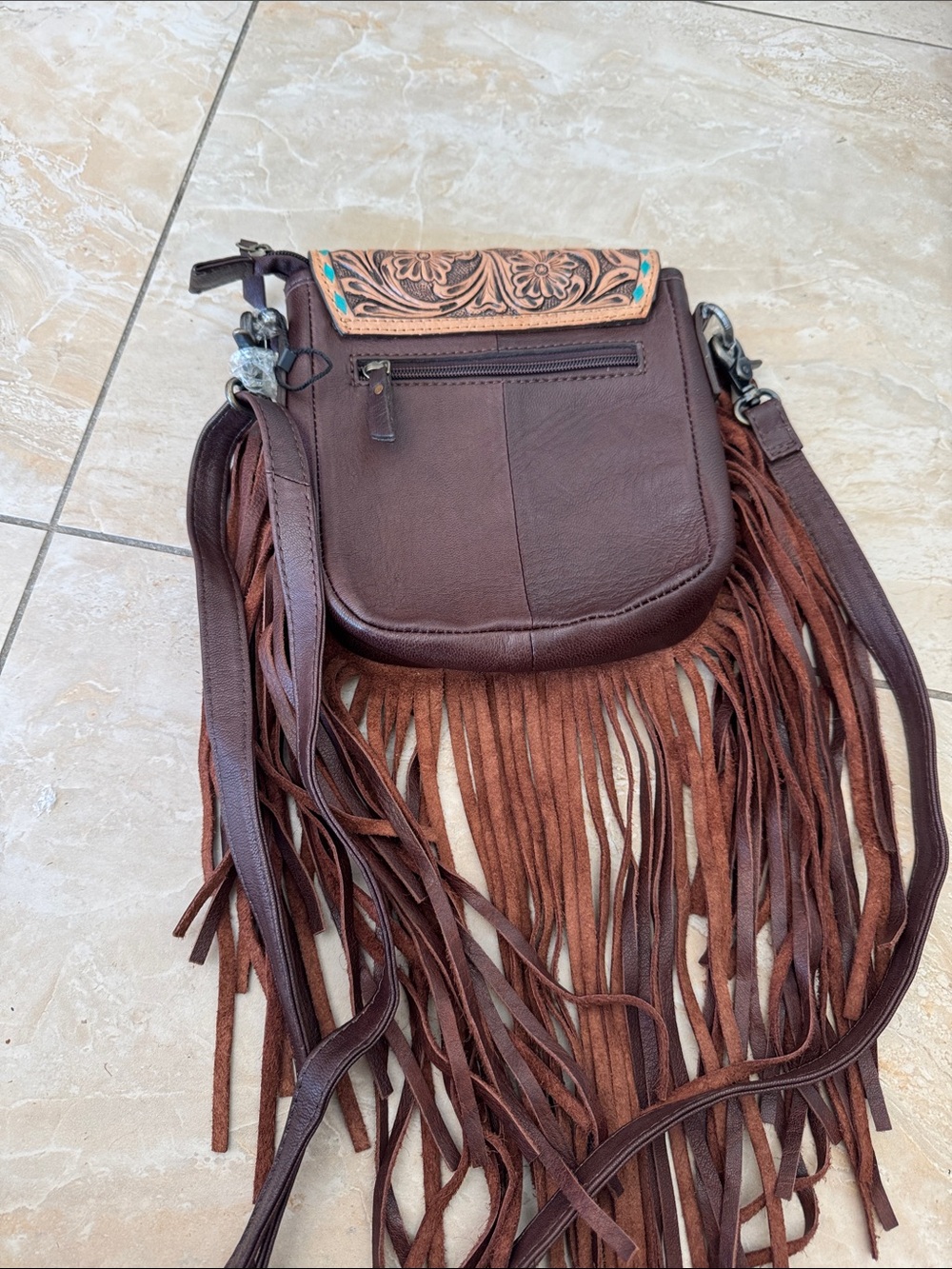 Source Unknown Brown Tooled Leather Fringe Crossbody Bag with Turquoise Accent - Picture 3 of 5